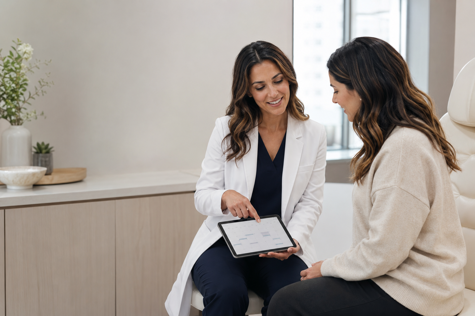 A medical-aesthetic provider and patient review a follow-up appointment calendar together on a tablet.