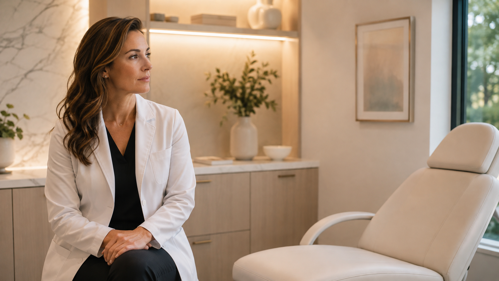 Aesthetic injector in a professional consultation room looking toward an empty patient chair while considering patient retention