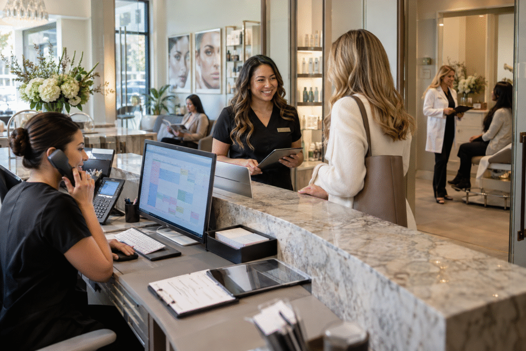 Med spa receptionist handling a patient inquiry and appointment schedule while staff welcome patients and coordinate consultations.